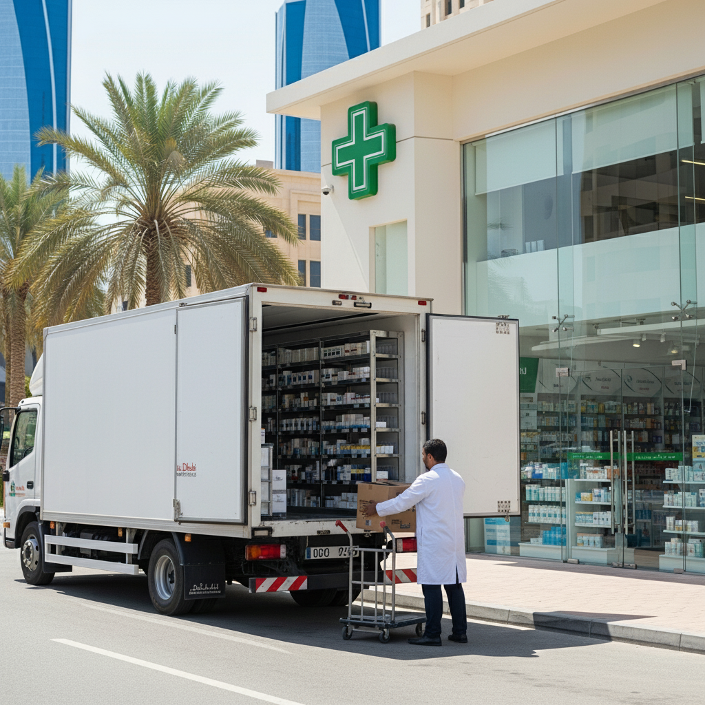 Pharmaceuticals​ in abu dhabi (freezer truck serviecsworking for them) out side a pharmacy