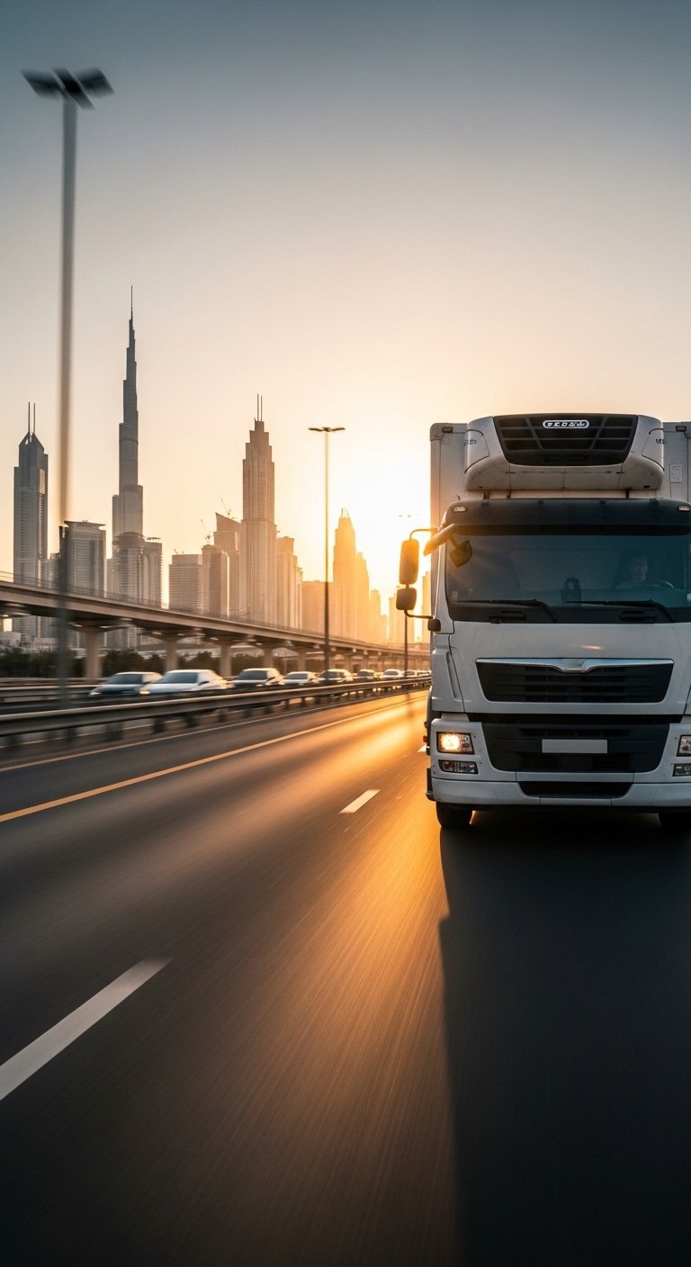 cinematic action shot of refrigerated truck driving on Dubai highway, motion blur on road, sharp focus on white chiller truck, Dubai skyline in background, sunset golden light, dynamic angle, 70mm lens, ultra realistic, HDR, 8k, commercial advertisement photography, no text